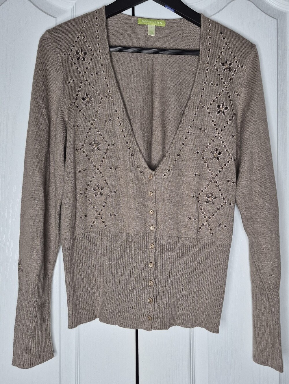 Sigrid Olsen Cardigan Womens Sz Large Taupe Silk Cotton Beaded Eyelet